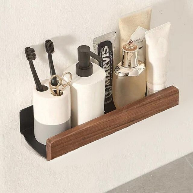 Bathroom Wall Shelf Wood Finish Self-Adhesive Moisture-Resistant