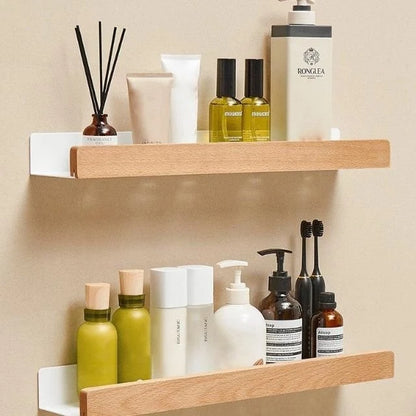 Bathroom Wall Shelf Wood Finish Self-Adhesive Moisture-Resistant