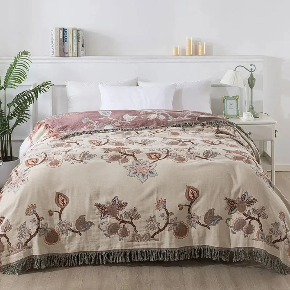 Bed Blanket Cotton Jacquard Floral Tassel Trim