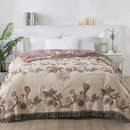 Bed Blanket Cotton Jacquard Floral Tassel Trim