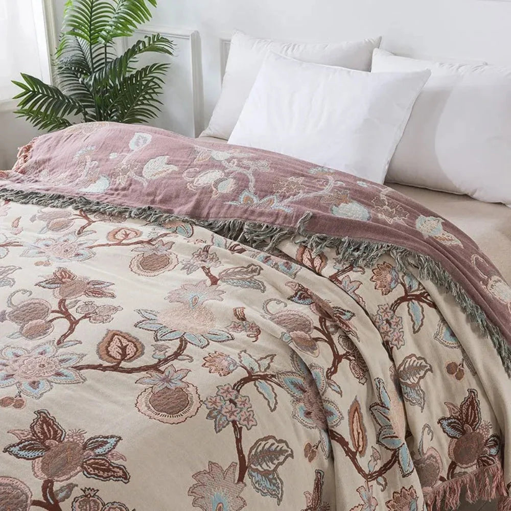 Bed Blanket Cotton Jacquard Floral Tassel Trim