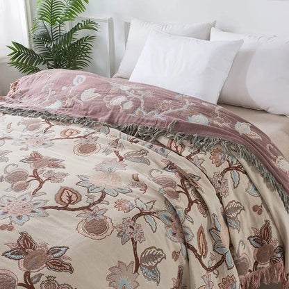 Bed Blanket Cotton Jacquard Floral Tassel Trim
