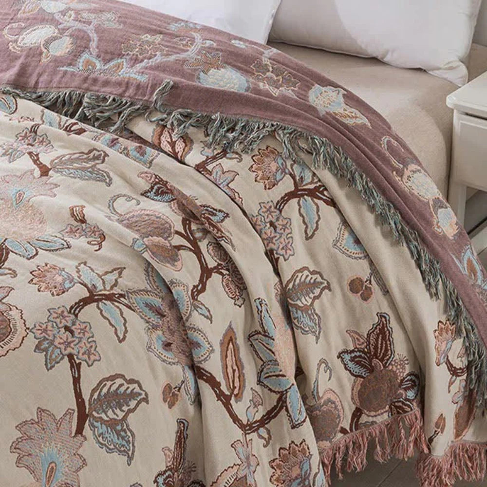 Bed Blanket Cotton Jacquard Floral Tassel Trim