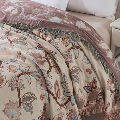Bed Blanket Cotton Jacquard Floral Tassel Trim