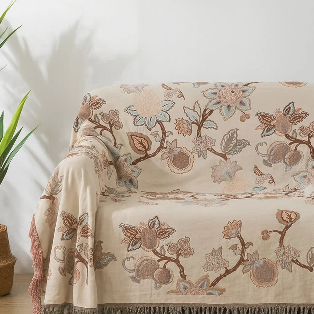 Bed Blanket Cotton Jacquard Floral Tassel Trim