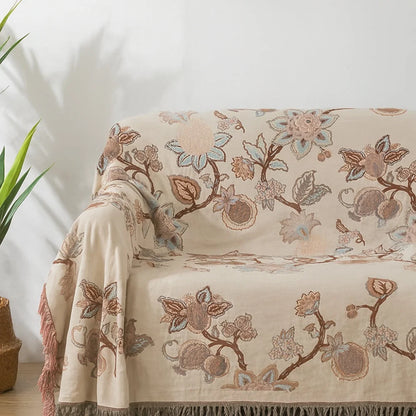 Bed Blanket Cotton Jacquard Floral Tassel Trim