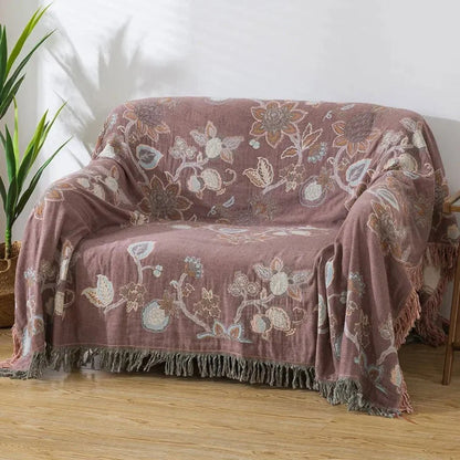 Bed Blanket Cotton Jacquard Floral Tassel Trim