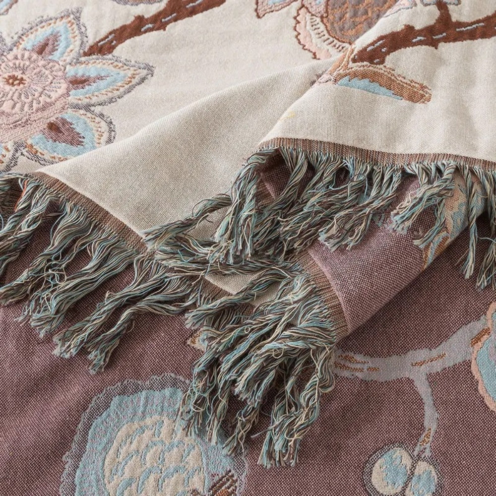 Bed Blanket Cotton Jacquard Floral Tassel Trim