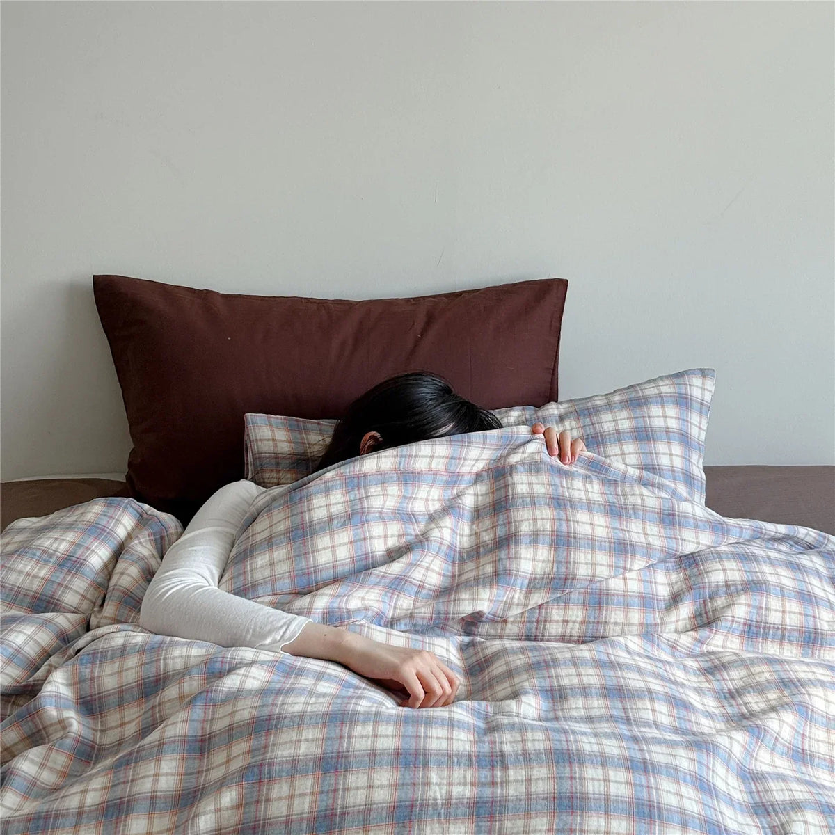 Bedding Set Cotton Muslin Breathable Pastel Check Pattern