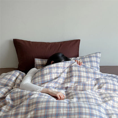 Bedding Set Cotton Muslin Breathable Pastel Check Pattern