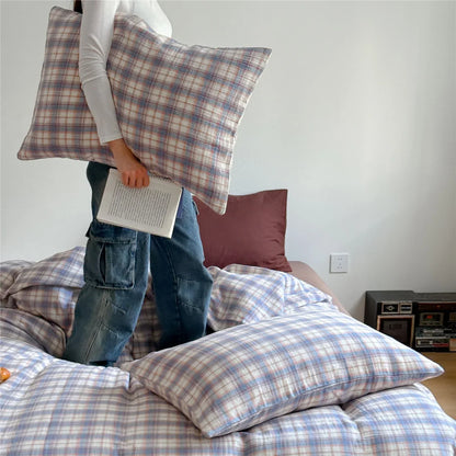 Bedding Set Cotton Muslin Breathable Pastel Check Pattern