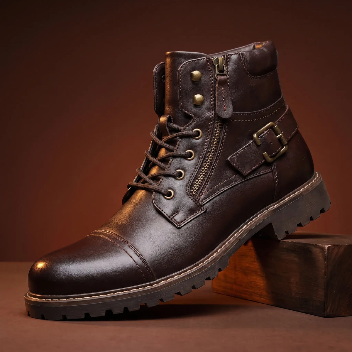 Biker Boots Side Zip Buckle Strap Deep-Tread Sole