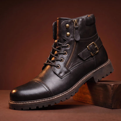 Biker Boots Side Zip Buckle Strap Deep-Tread Sole
