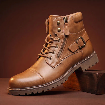 Biker Boots Side Zip Buckle Strap Deep-Tread Sole