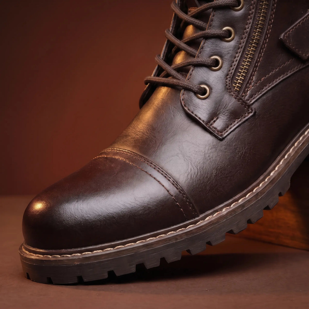 Biker Boots Side Zip Buckle Strap Deep-Tread Sole