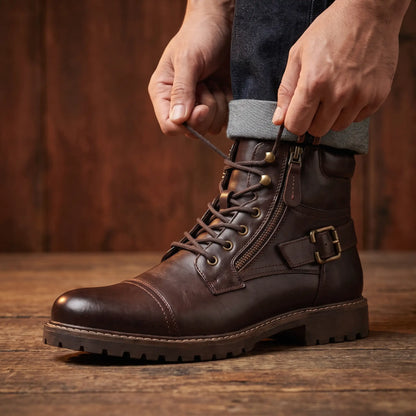 Biker Boots Side Zip Buckle Strap Deep-Tread Sole