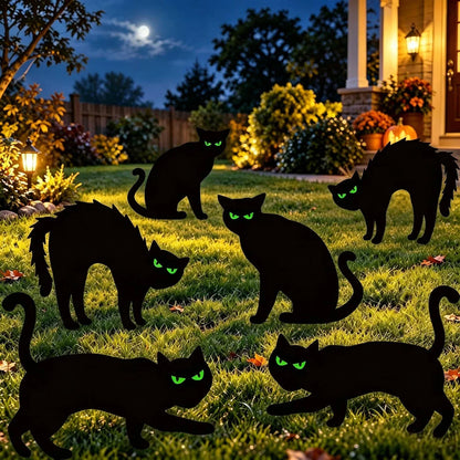 Black Cat Yard Signs Glow-in-the-Dark Eyes Set of 6