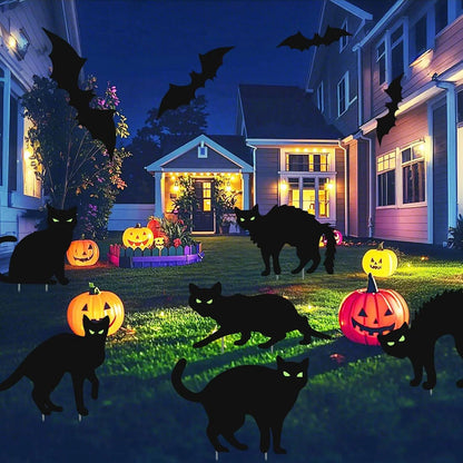 Black Cat Yard Signs Glow-in-the-Dark Eyes Set of 6