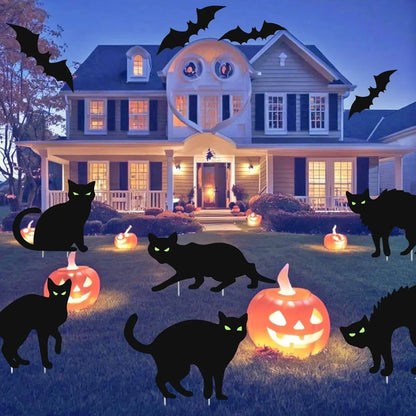 Black Cat Yard Signs Glow-in-the-Dark Eyes Set of 6