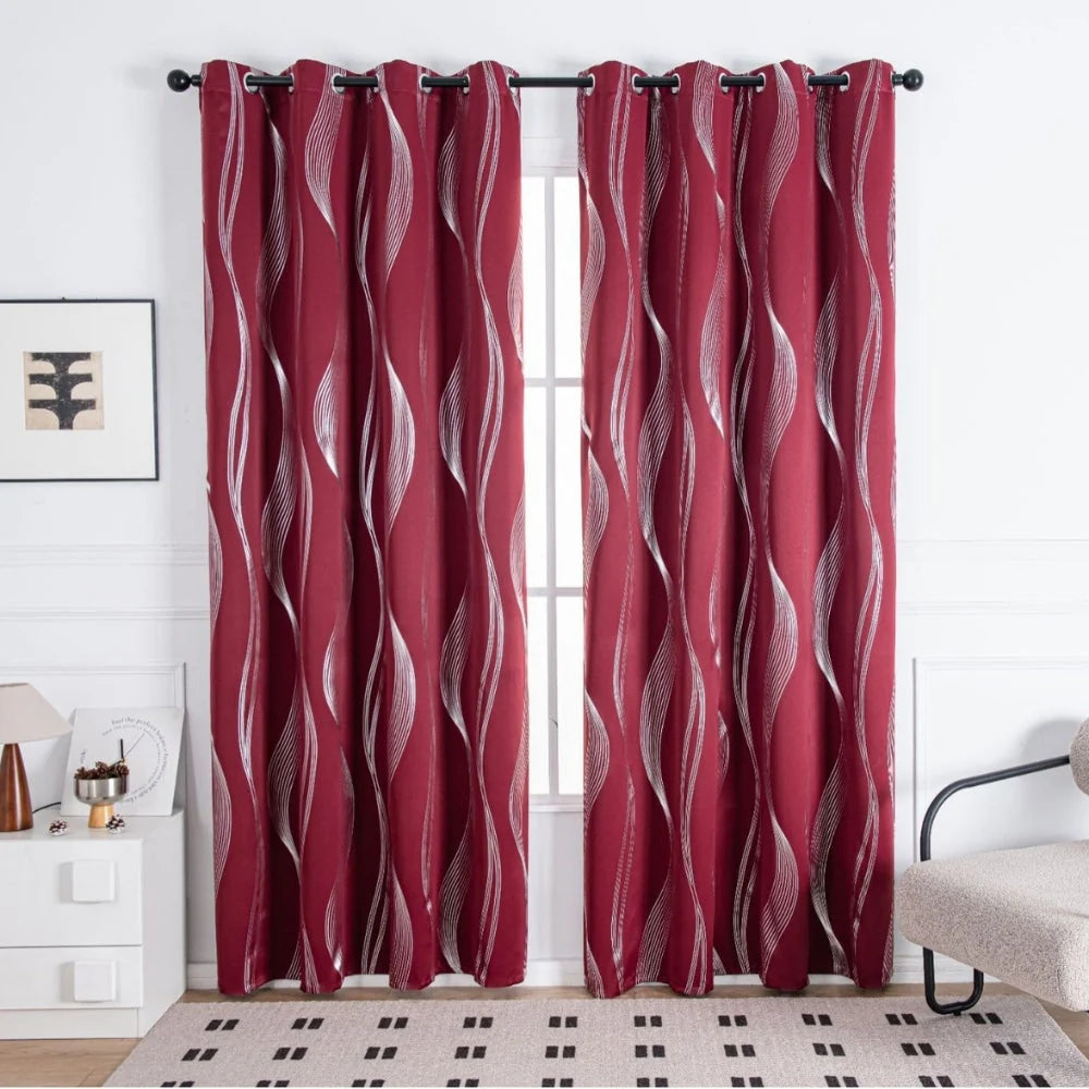 Blackout Curtain Panel Microfiber Blend Wave Pattern Metal Grommets