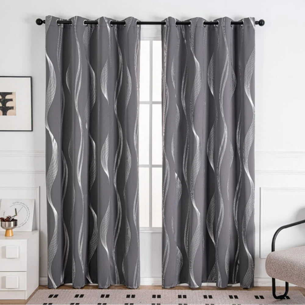 Blackout Curtain Panel Microfiber Blend Wave Pattern Metal Grommets