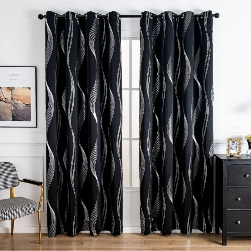 Blackout Curtain Panel Microfiber Blend Wave Pattern Metal Grommets