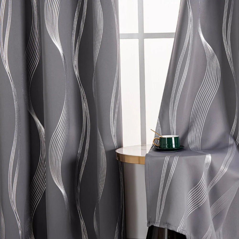 Blackout Curtain Panel Microfiber Blend Wave Pattern Metal Grommets