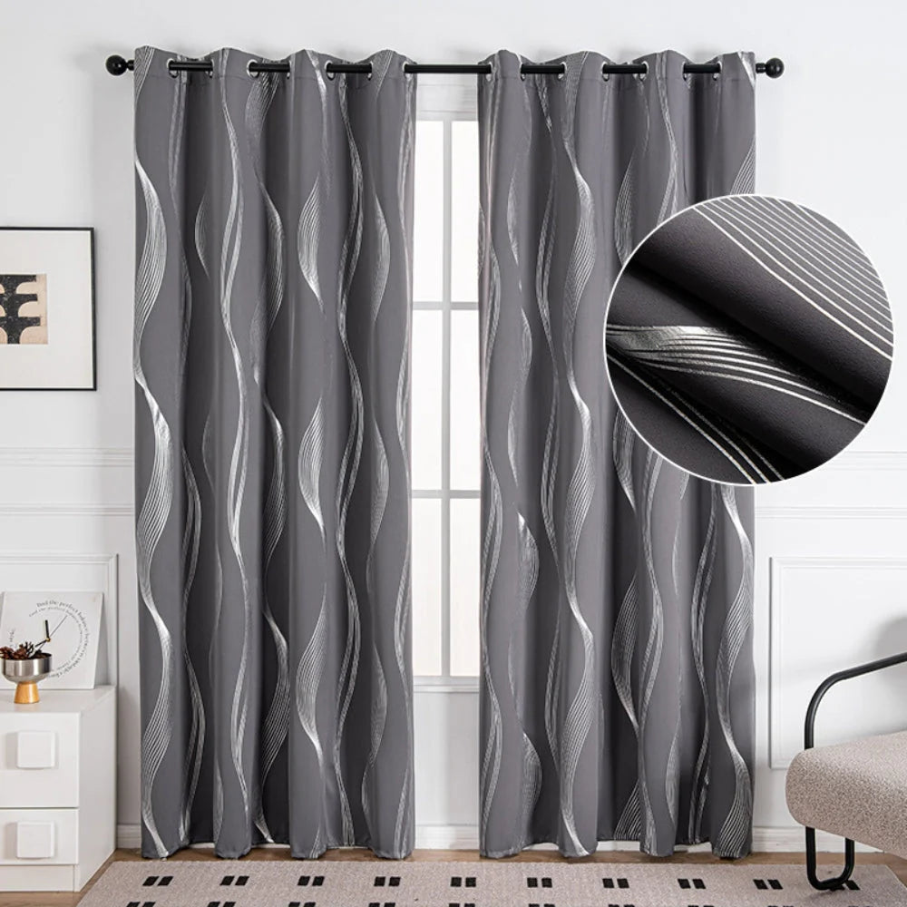 Blackout Curtain Panel Microfiber Blend Wave Pattern Metal Grommets