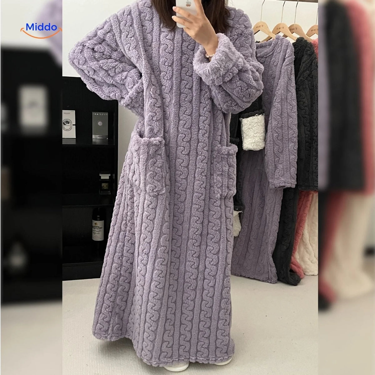 Blanket Dress Soft Fleece Long Sleeves Front Pockets
