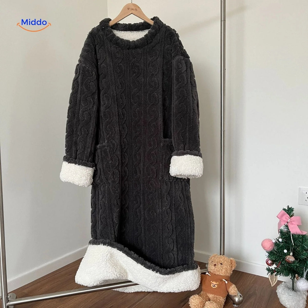 Blanket Dress Soft Fleece Long Sleeves Front Pockets