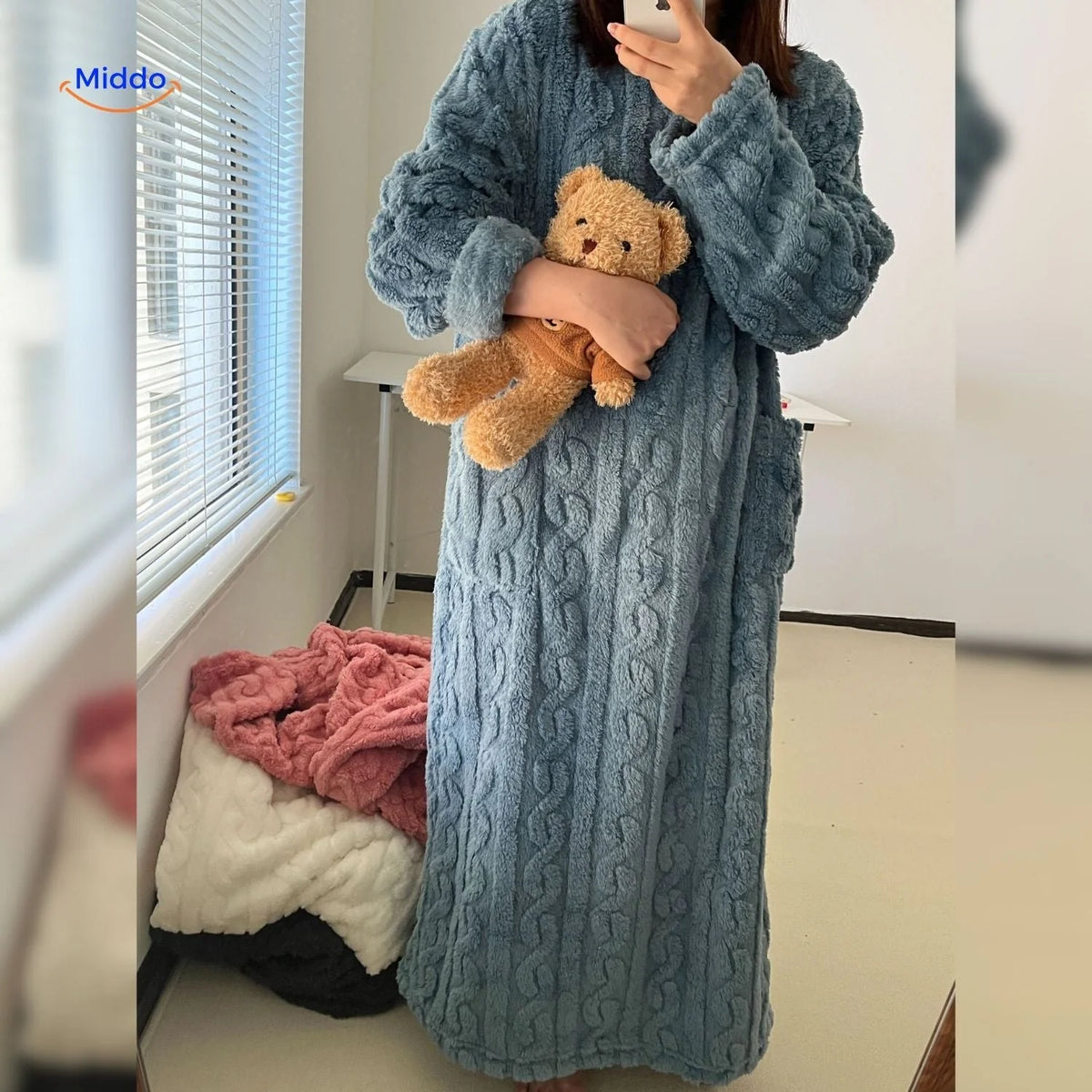 Blanket Dress Soft Fleece Long Sleeves Front Pockets