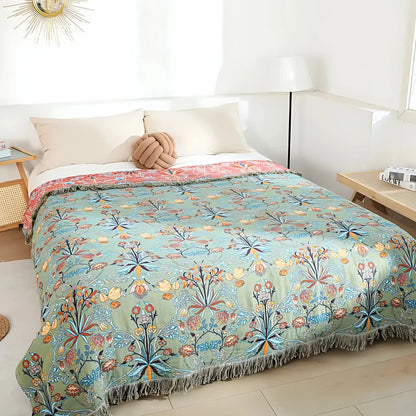 Blanket Reversible Cotton Jacquard Floral Tassels