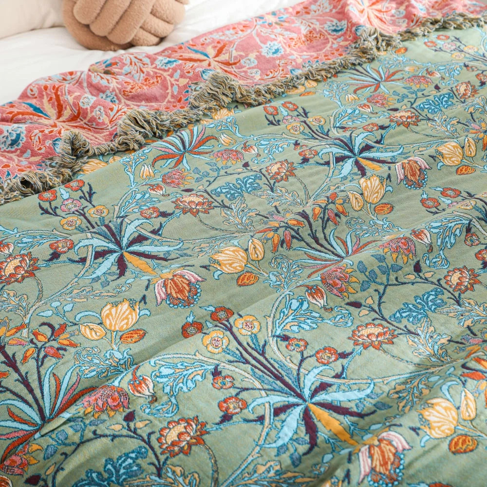 Blanket Reversible Cotton Jacquard Floral Tassels