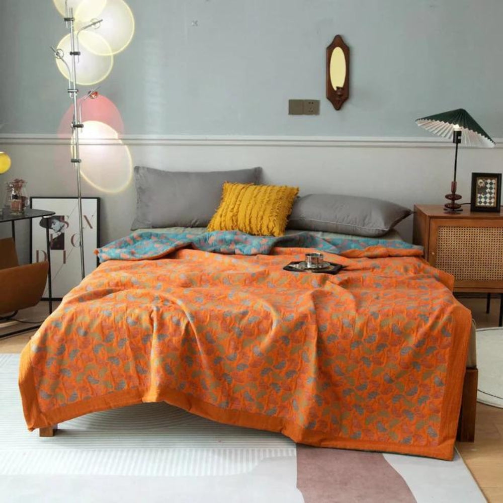 Blanket Reversible Ginkgo Leaf Print Organic Cotton Hypoallergenic