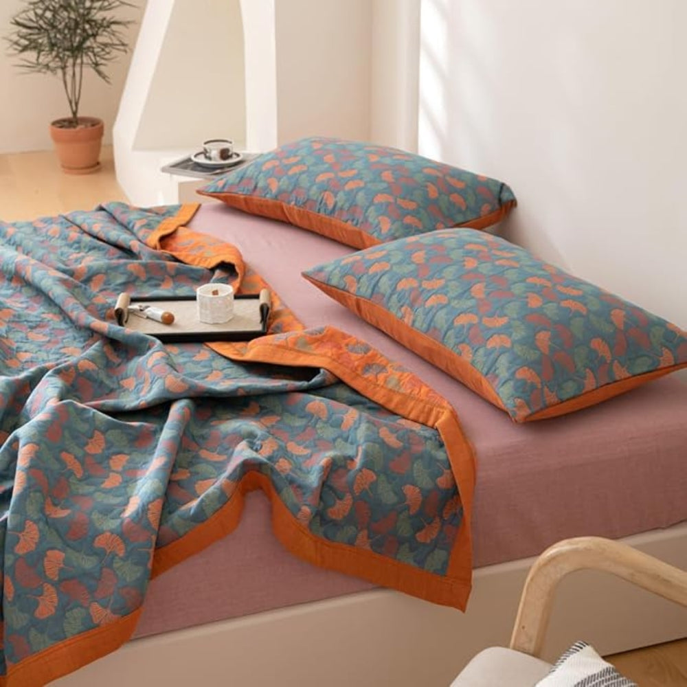 Blanket Reversible Ginkgo Leaf Print Organic Cotton Hypoallergenic