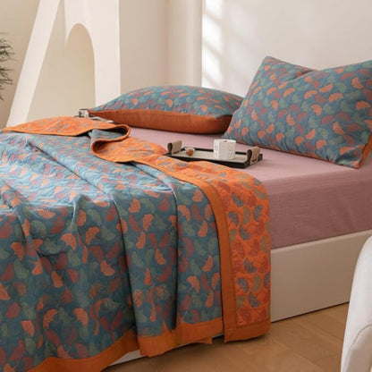 Blanket Reversible Ginkgo Leaf Print Organic Cotton Hypoallergenic