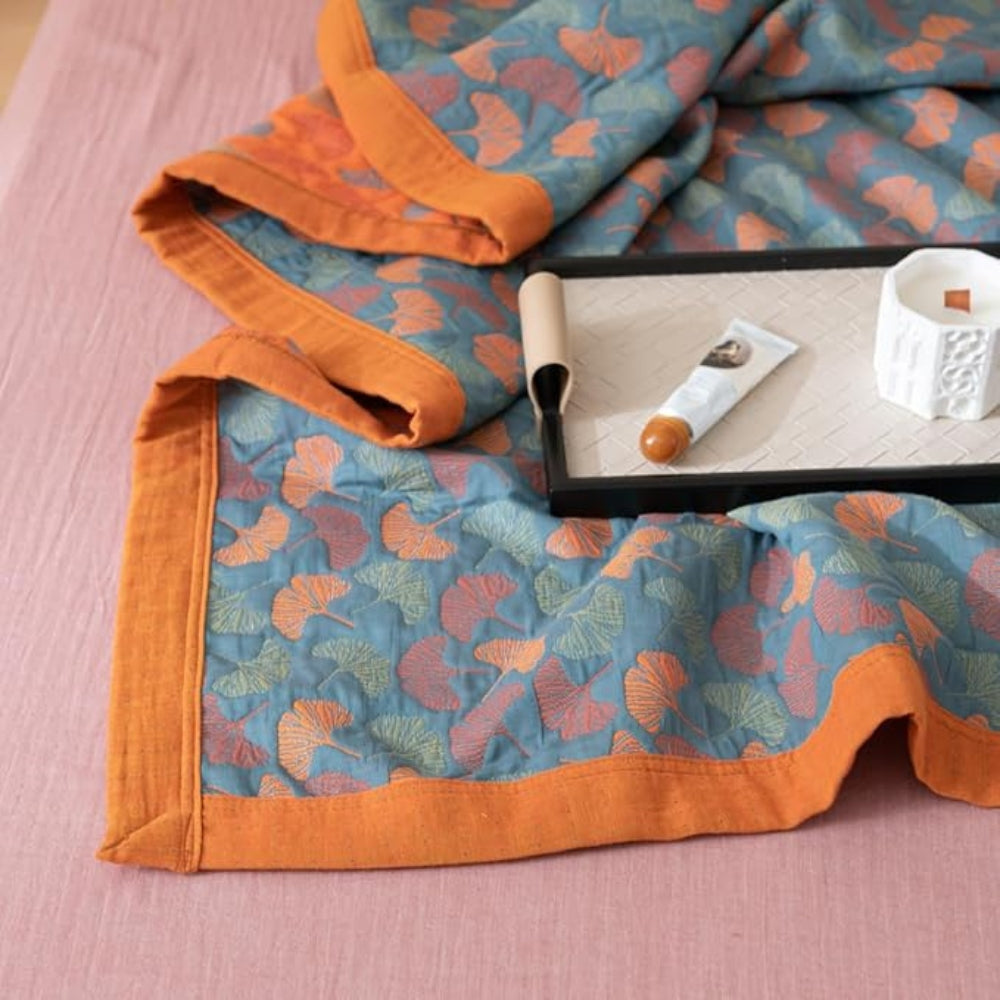 Blanket Reversible Ginkgo Leaf Print Organic Cotton Hypoallergenic