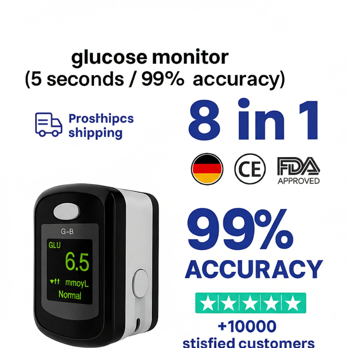 Blood Glucose Monitor Non-Invasive 5-Second Digital Readout