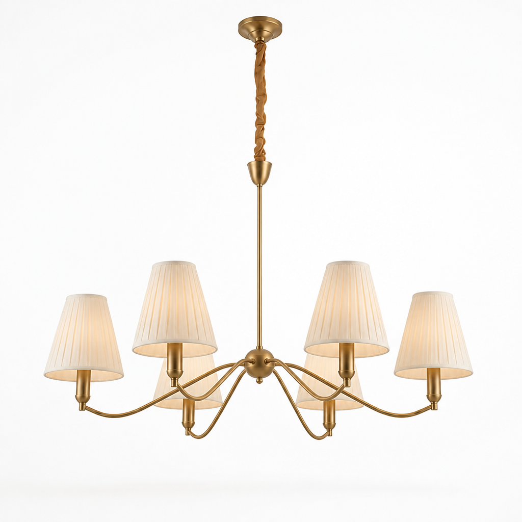 Brass Curved-Arm Chandelier With Pleated Fabric Shades (6- or 8-Head)