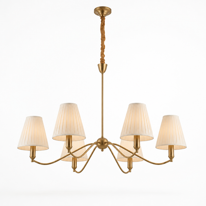 Brass Curved-Arm Chandelier With Pleated Fabric Shades (6- or 8-Head)