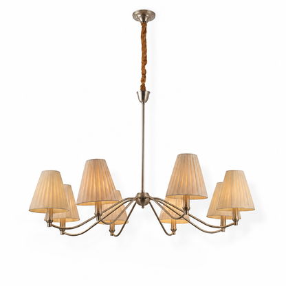 Brass Curved-Arm Chandelier With Pleated Fabric Shades (6- or 8-Head)