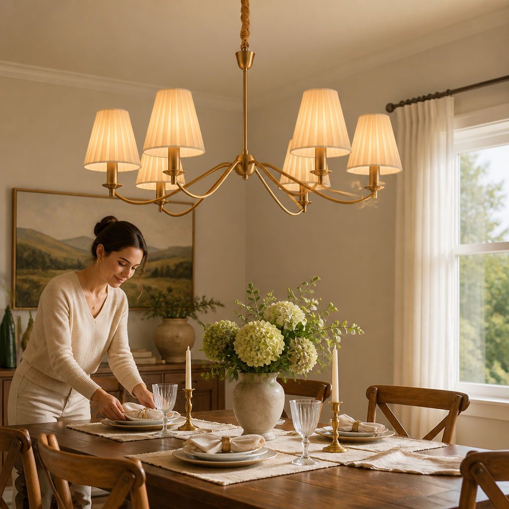Brass Curved-Arm Chandelier With Pleated Fabric Shades (6- or 8-Head)