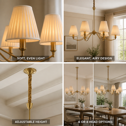 Brass Curved-Arm Chandelier With Pleated Fabric Shades (6- or 8-Head)