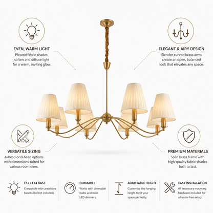 Brass Curved-Arm Chandelier With Pleated Fabric Shades (6- or 8-Head)