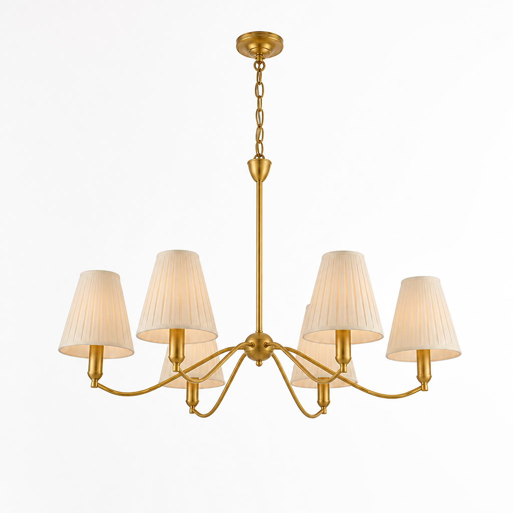 Brass Curved-Arm Chandelier With Pleated Fabric Shades (6- or 8-Head)