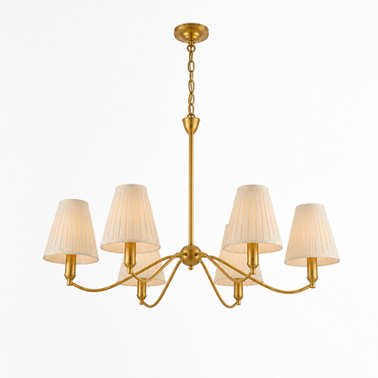 Brass Curved-Arm Chandelier With Pleated Fabric Shades (6- or 8-Head)