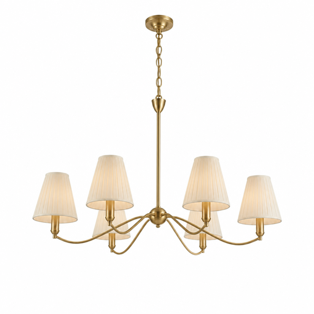Brass Curved-Arm Chandelier With Pleated Fabric Shades (6- or 8-Head)