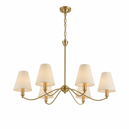 Brass Curved-Arm Chandelier With Pleated Fabric Shades (6- or 8-Head)