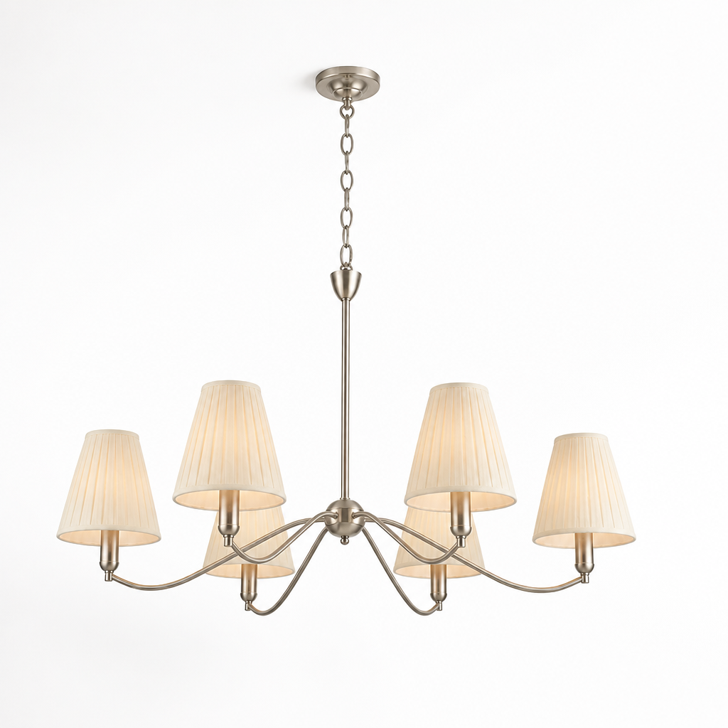 Brass Curved-Arm Chandelier With Pleated Fabric Shades (6- or 8-Head)