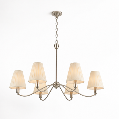 Brass Curved-Arm Chandelier With Pleated Fabric Shades (6- or 8-Head)